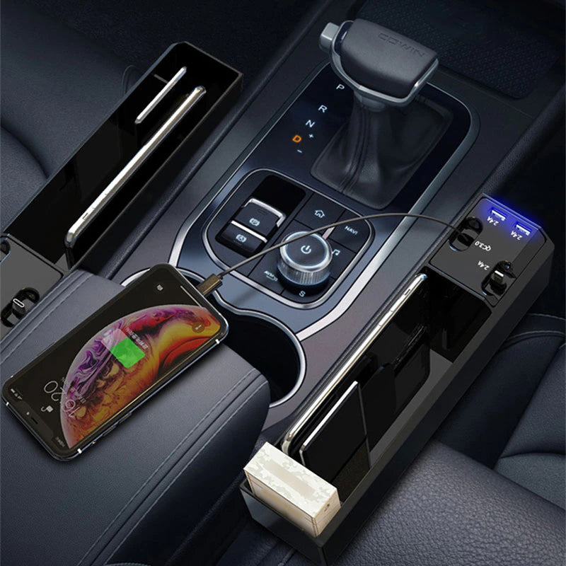 Car Seat Gap Storage Box with Dual USB Port Charger and Cable Organizer for iOS/Android/Type C - Auto Stowing and Tidying Solution