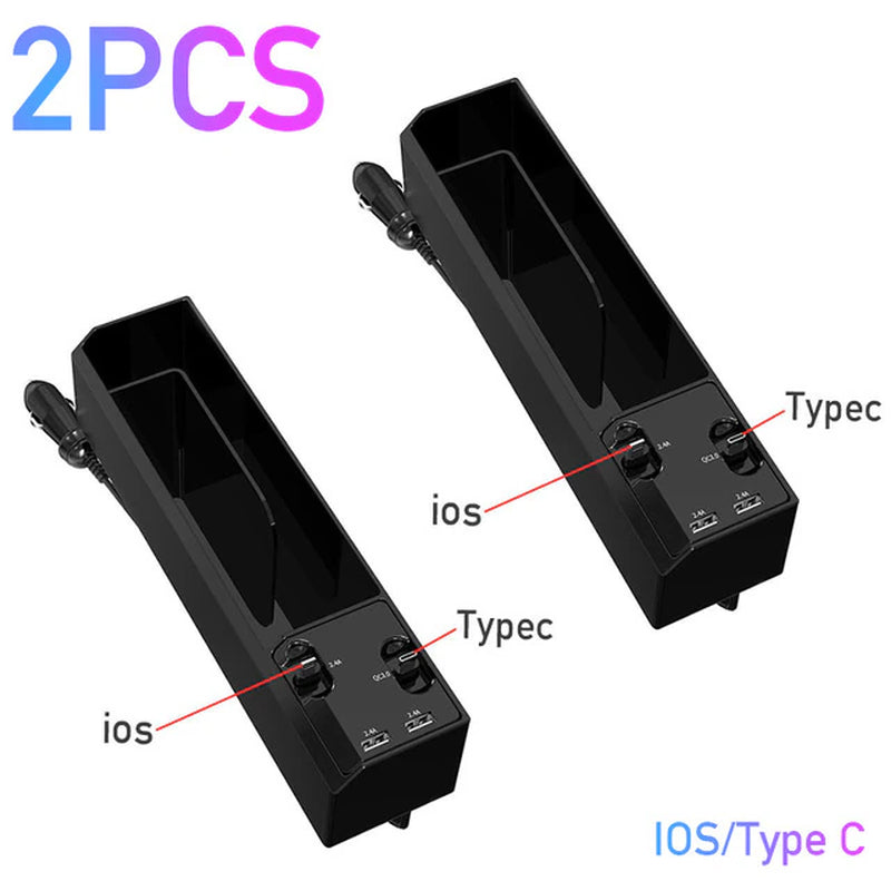 Car Seat Gap Storage Box with Dual USB Port Charger and Cable Organizer for iOS/Android/Type C - Auto Stowing and Tidying Solution