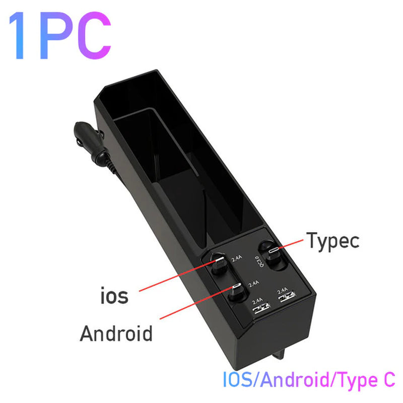 Car Seat Gap Storage Box with Dual USB Port Charger and Cable Organizer for iOS/Android/Type C - Auto Stowing and Tidying Solution
