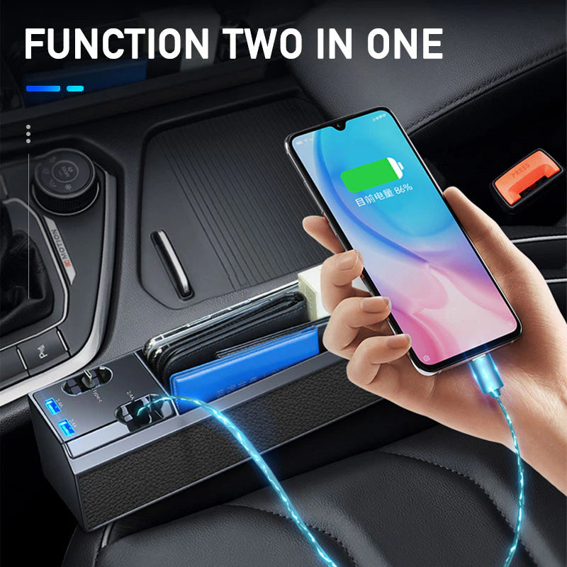 Car Seat Gap Storage Box with Dual USB Port Charger and Cable Organizer for iOS/Android/Type C - Auto Stowing and Tidying Solution