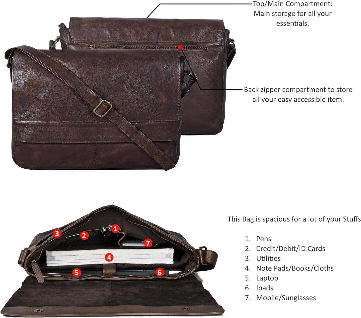"Premium Genuine Leather Crossbody Messenger Bag - Ideal for 17 Inch Laptops, Travel, and Office Use"