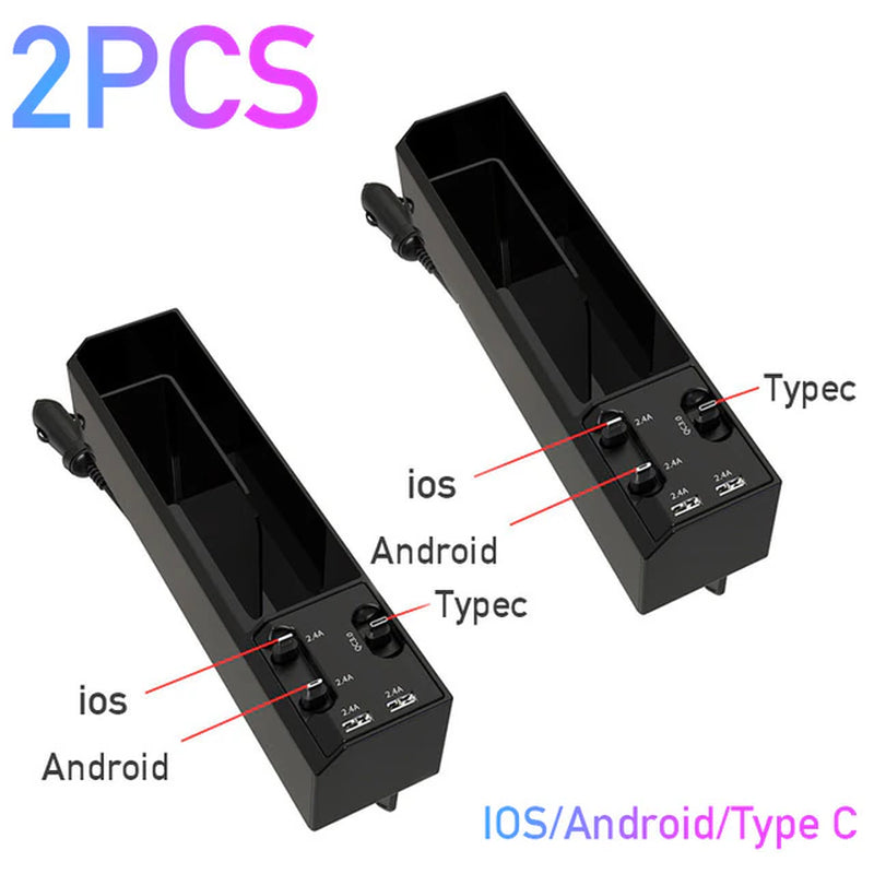 Car Seat Gap Storage Box with Dual USB Port Charger and Cable Organizer for iOS/Android/Type C - Auto Stowing and Tidying Solution