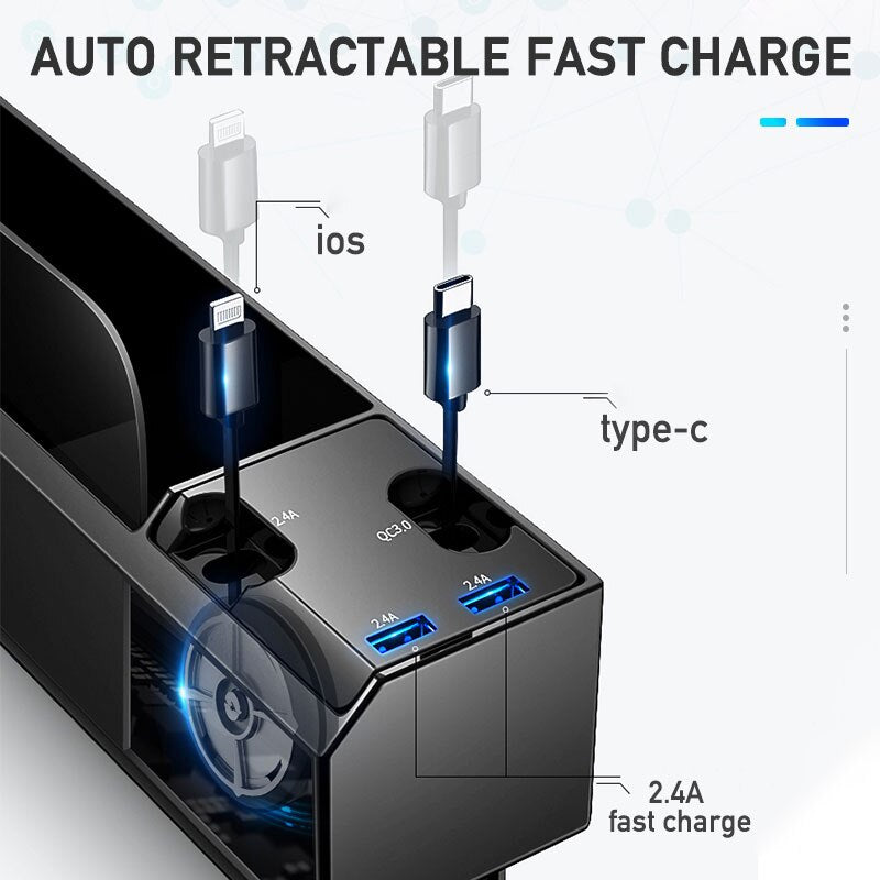 Car Seat Gap Storage Box with Dual USB Port Charger and Cable Organizer for iOS/Android/Type C - Auto Stowing and Tidying Solution