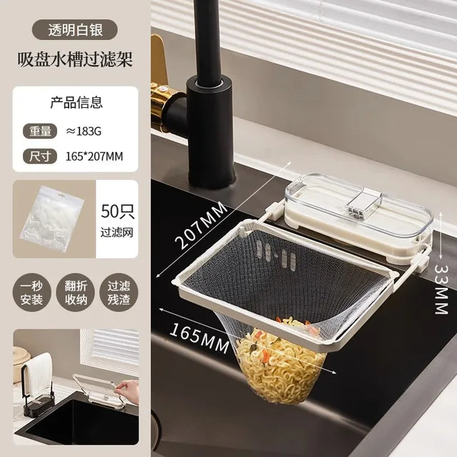 "Premium Suction Cup Kitchen Sink Filter Rack with Disposable Leftover Filter Pocket - Convenient Kitchen Garbage Drain Rack and Sink Strainer"