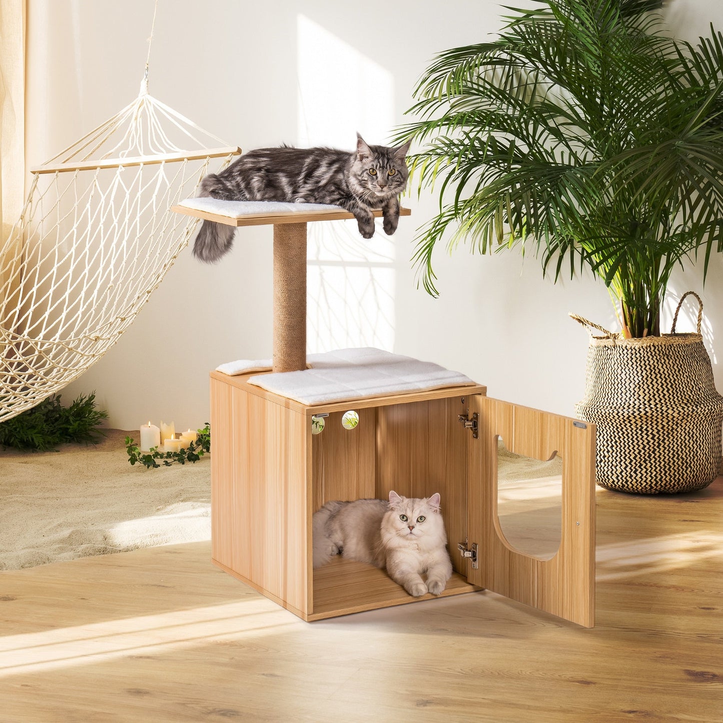 Wooden Cat House with Cat Bed