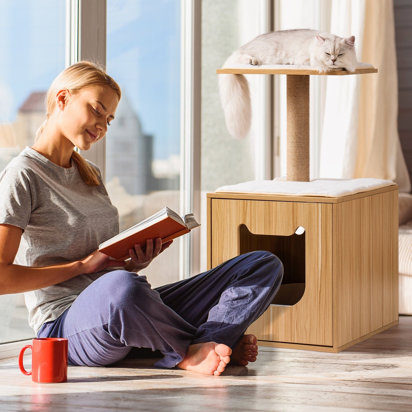 Wooden Cat House with Cat Bed