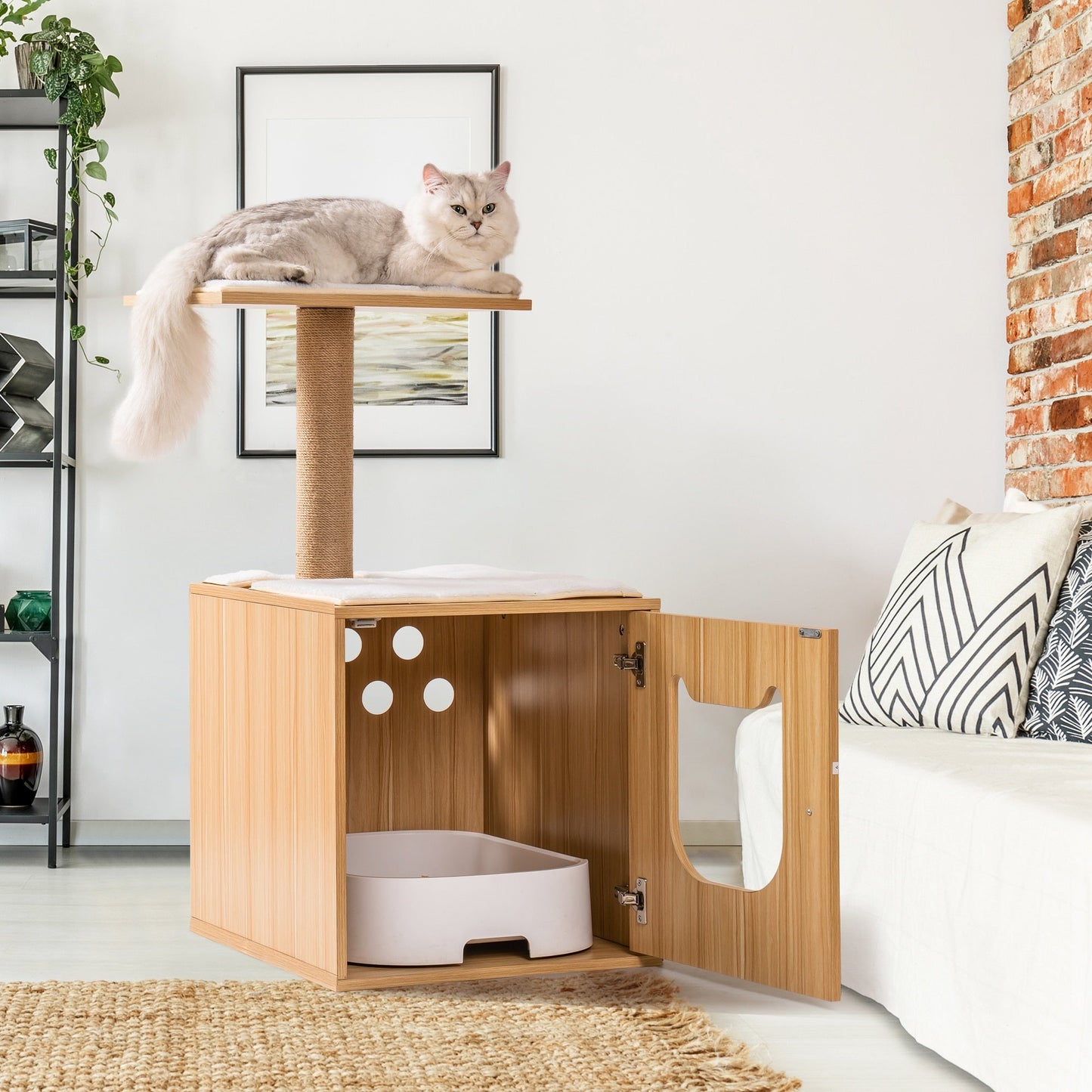 Wooden Cat House with Cat Bed