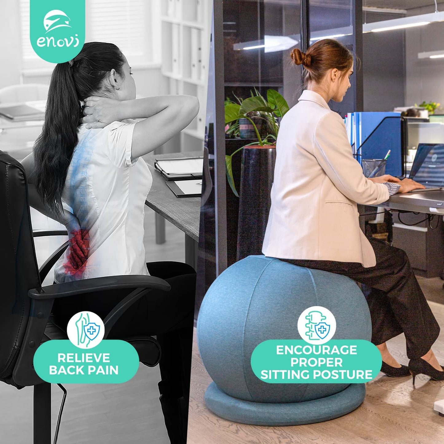 "Pro Balance Ball Chair: Optimize Comfort and Support for Work, Yoga, and Pregnancy. Stylish, Ergonomic Design with Slipcover and Stable Base. Relieve Back Pain and Embrace a Healthier, Active Lifestyle. Multiple Color and Size Options Available."