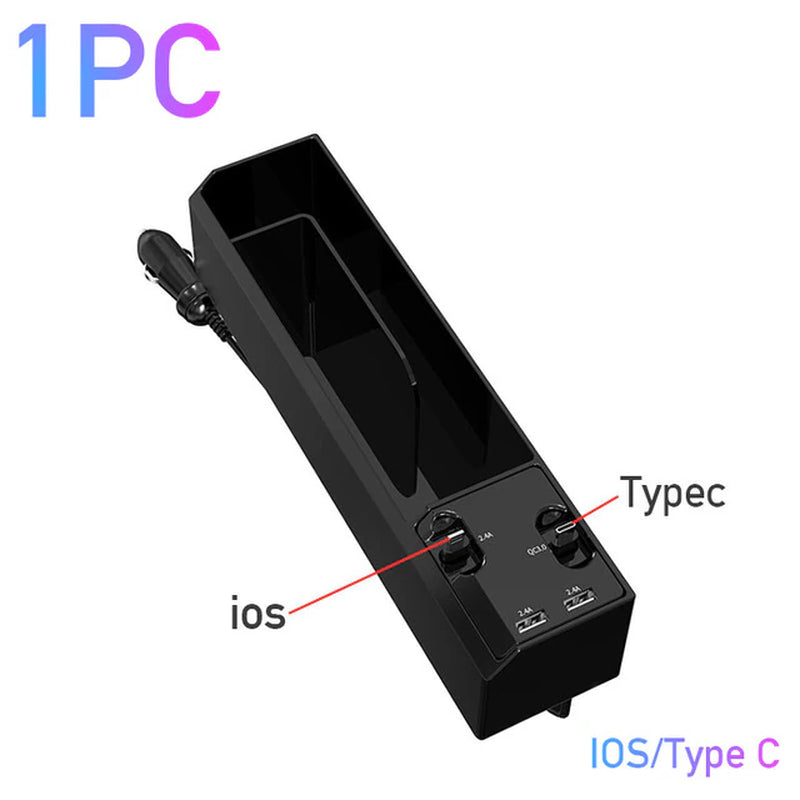 Car Seat Gap Storage Box with Dual USB Port Charger and Cable Organizer for iOS/Android/Type C - Auto Stowing and Tidying Solution