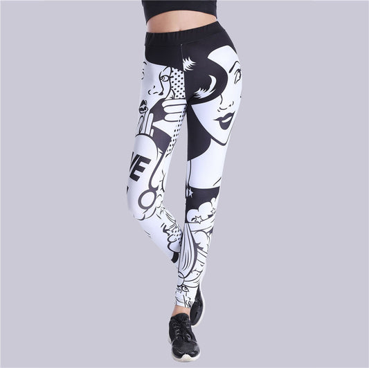 Thick Black and White Letter Print Yoga Leggings