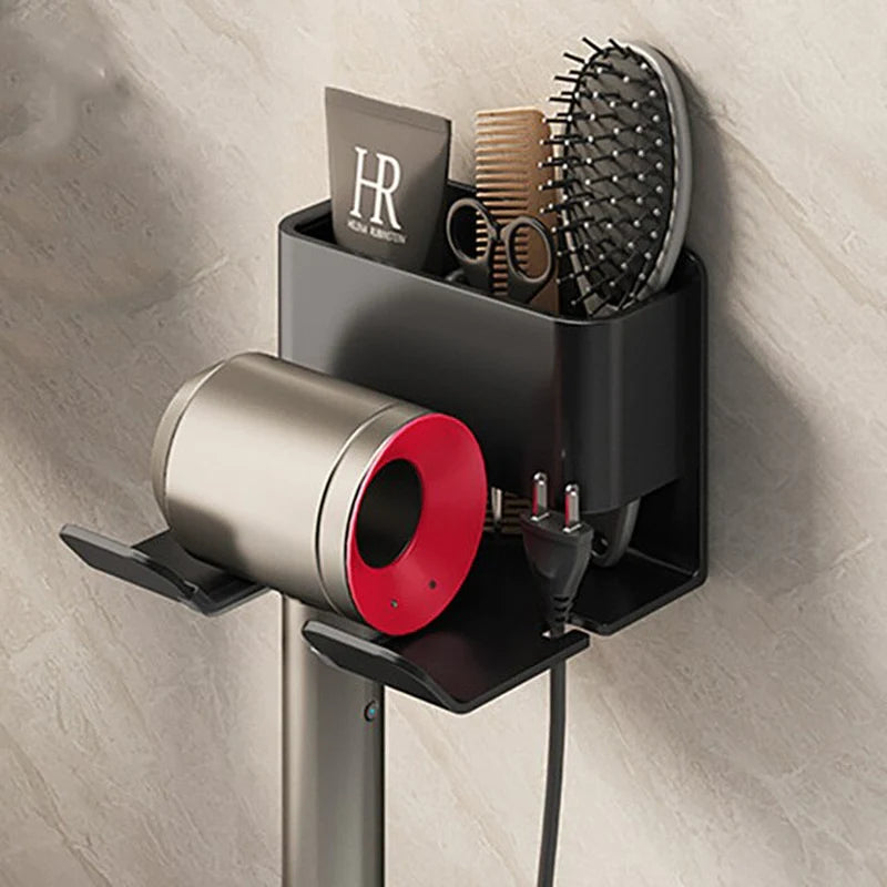 "Ultimate Hair Styling Station: Wall-Mounted Hair Dryer Holder and Organizer with Sleek Storage Box and Convenient Straightener Stand - For a Tidy and Stylish Bathroom Look"