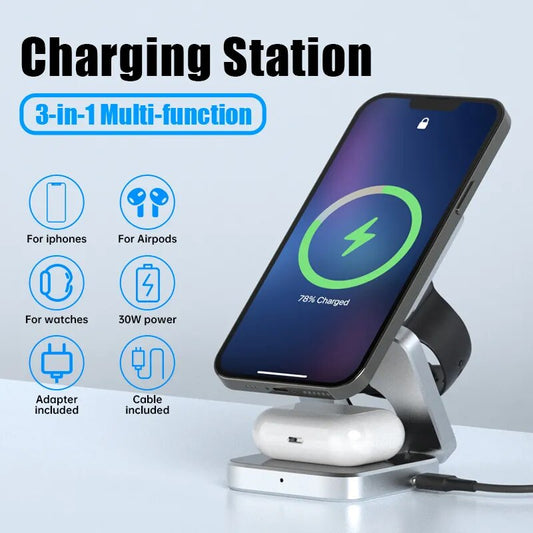 Professional title: "Versatile Foldable Magnetic Wireless Charger Stand for iPhone 15, 14, 13 Pro/Max/Plus and AirPods 3/2 - Fast Charging Dock and Holder"
