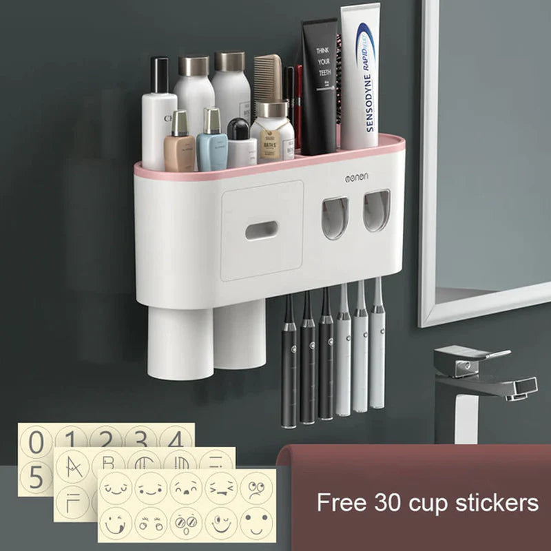 "Organize Your Bathroom with the Magnetic Adsorption Toothbrush Holder and Waterproof Storage Box - Includes Toothpaste Dispenser and Wall Mount - Perfect Bathroom Accessories for Easy and Stylish Storage!"