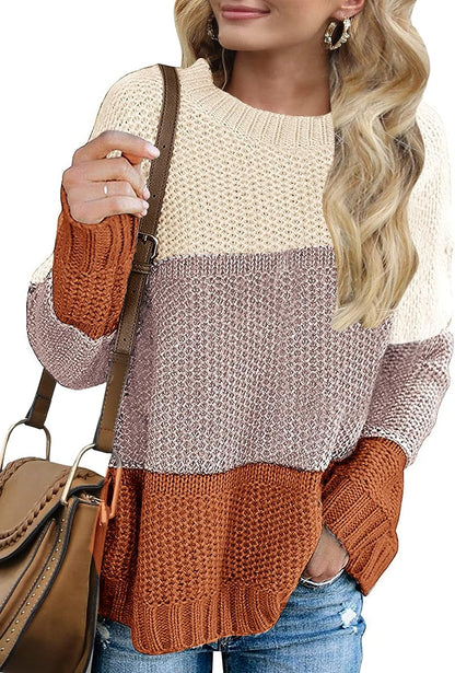 "Chic Women's Color Block Knit Sweater - Stylish Long Sleeve Pullover for Casual Elegance"