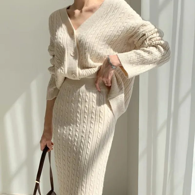 "Women's Two-Piece Knitted Dress Set: Elegant Autumn Winter Sweater Dress Suit with Long Sleeves and Button Detailing"