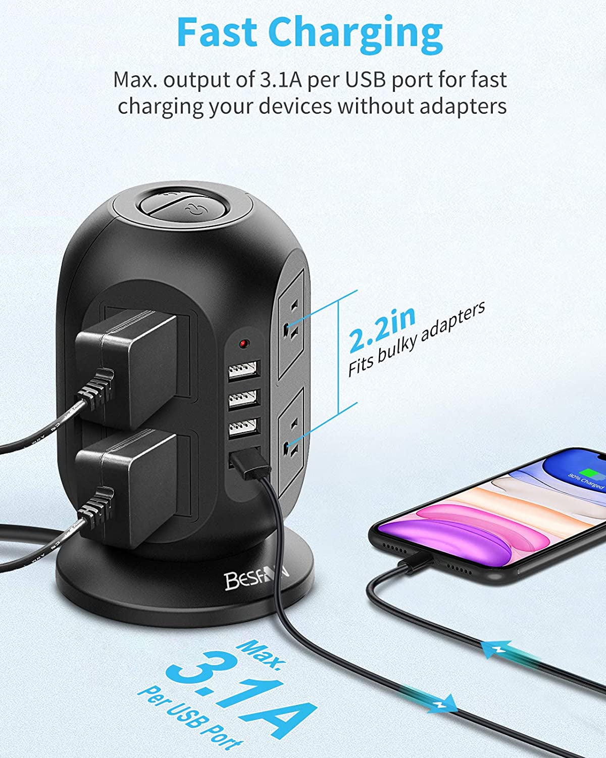 "Premium Tower Power Strip Surge Protector with Extended Cord – Safely and Efficiently Charge All Your Devices!"