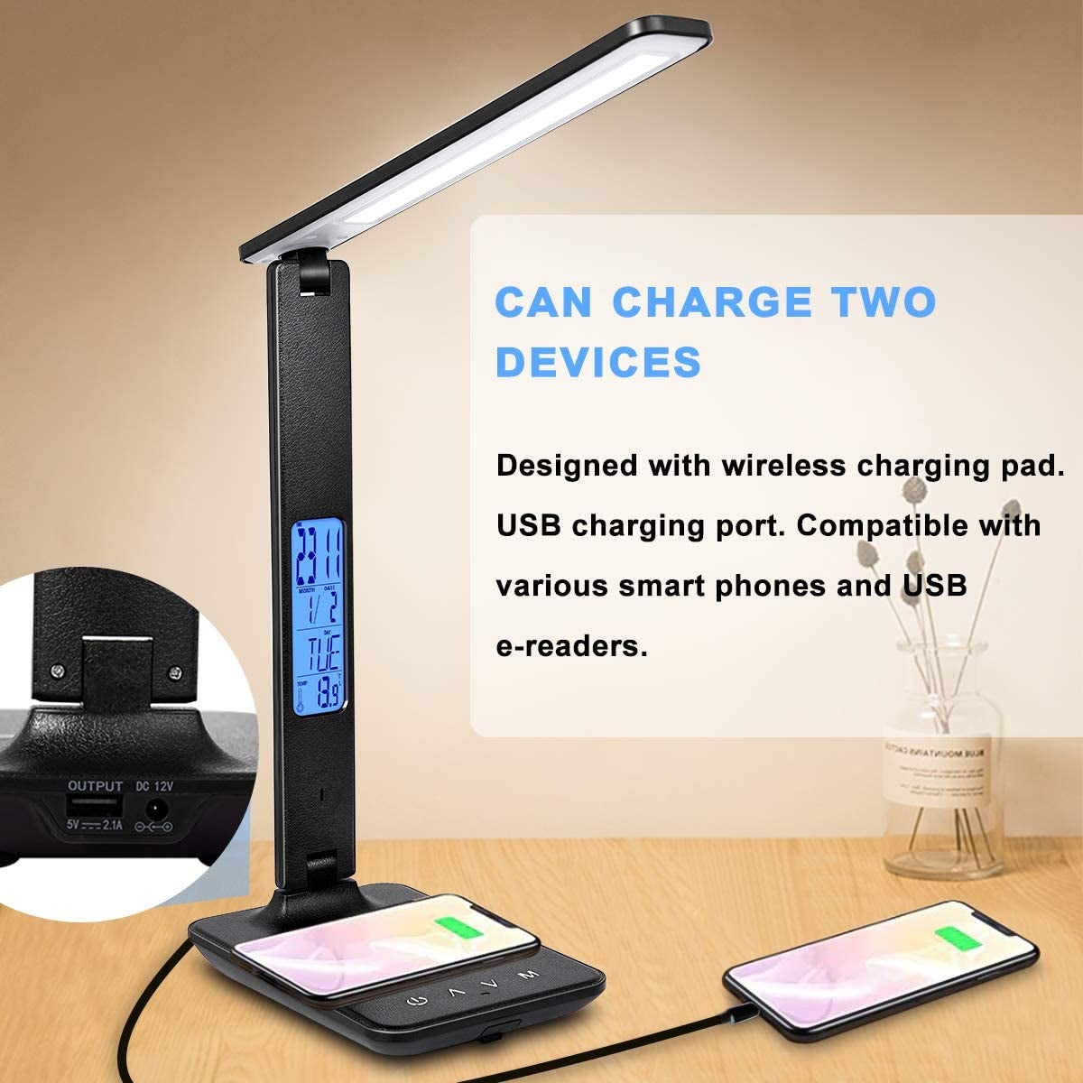 "Versatile LED Desk Lamp with Wireless Charging, Dimmable Light, USB Port, Clock, Calendar, and Thermometer - Ideal for Home and Office Use!"