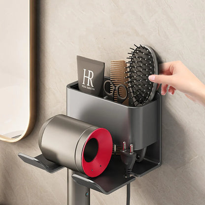 "Ultimate Hair Styling Station: Wall-Mounted Hair Dryer Holder and Organizer with Sleek Storage Box and Convenient Straightener Stand - For a Tidy and Stylish Bathroom Look"