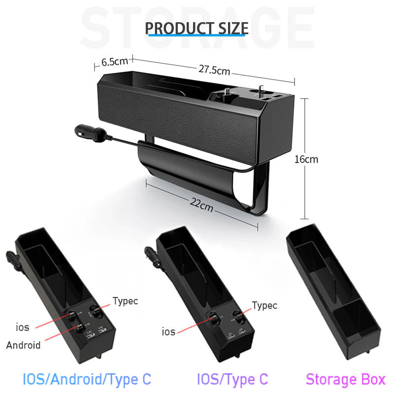 Car Seat Gap Storage Box with Dual USB Port Charger and Cable Organizer for iOS/Android/Type C - Auto Stowing and Tidying Solution