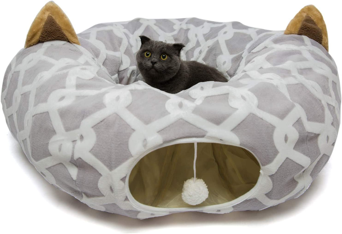 Professional Product Title: "Premium Cat Tunnel Bed with Plush Cover, Interactive Toy Balls, Comfortable Cushion, and Flexible Design - 10 Inch Diameter, 3 Ft Length - Ideal for Cats and Small Dogs, Gray Geometric Pattern"