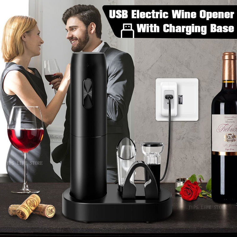 "The Indomitable Grape Gladiator: Electric Wine Opener Set, Ready to Harness the Corkscrewing Power of the Gods! Complete with Charging Base, Aerator Pourer, and an Epic Foil Cutter - Perfect for Raising the Roof at Kitchen Bar Parties!"