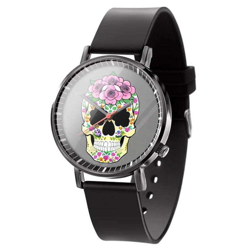 "Stylish Business Quartz Watch for Men - Trendy Black and White Floral Design with Skull Motif"