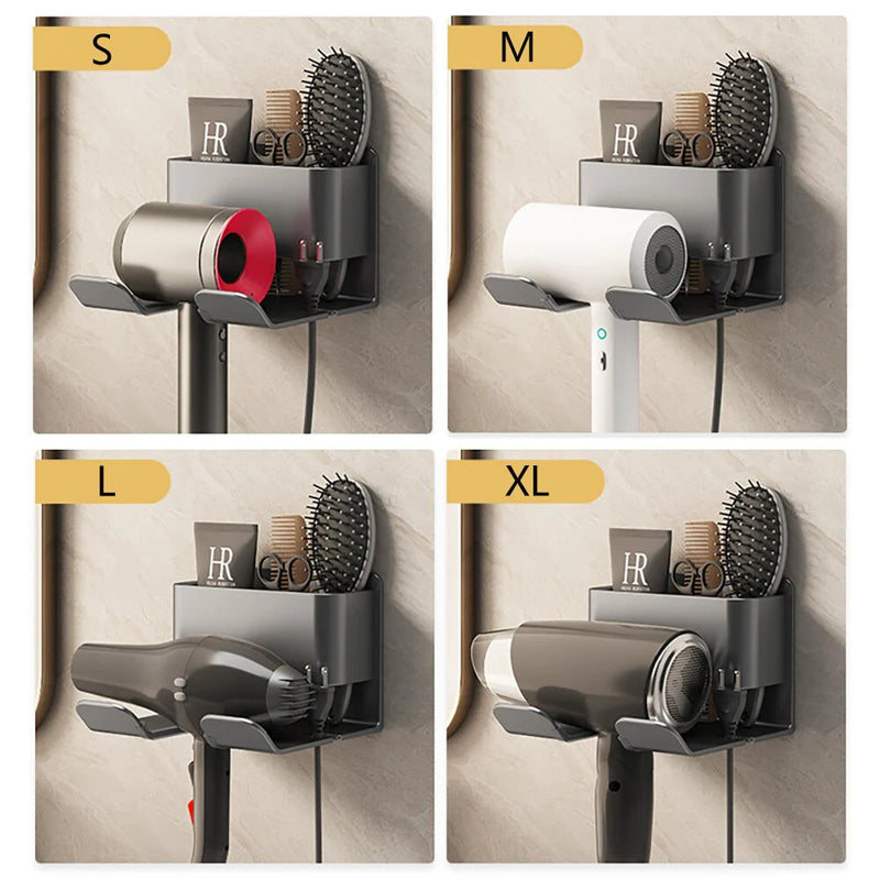 "Ultimate Hair Styling Station: Wall-Mounted Hair Dryer Holder and Organizer with Sleek Storage Box and Convenient Straightener Stand - For a Tidy and Stylish Bathroom Look"