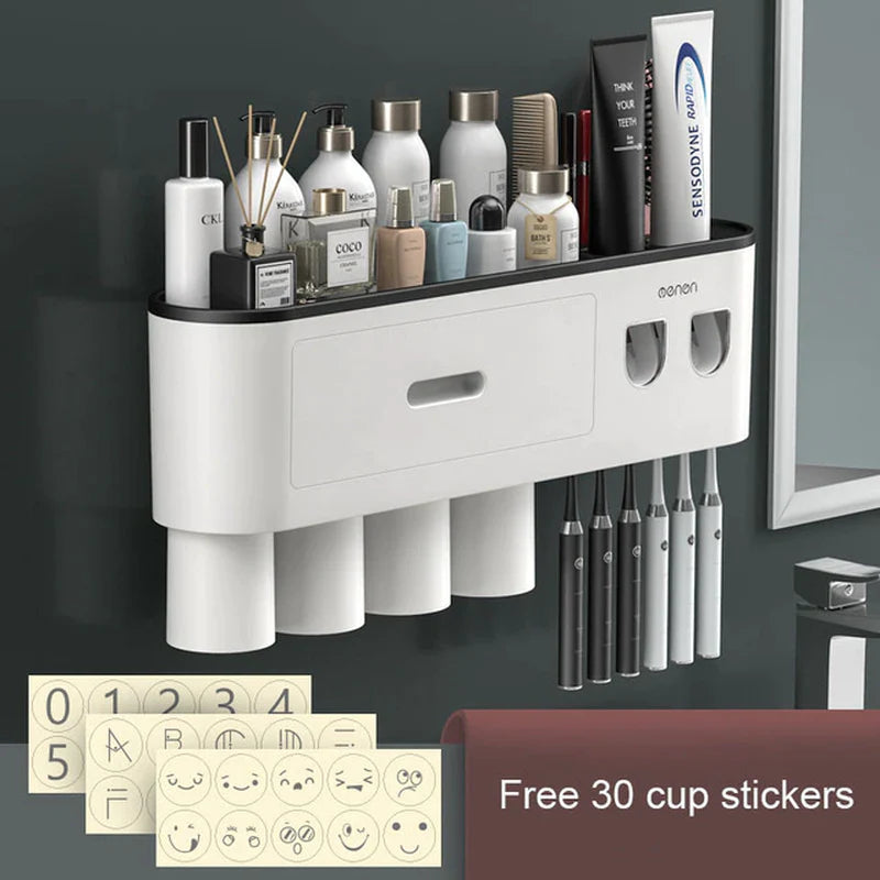 "Organize Your Bathroom with the Magnetic Adsorption Toothbrush Holder and Waterproof Storage Box - Includes Toothpaste Dispenser and Wall Mount - Perfect Bathroom Accessories for Easy and Stylish Storage!"