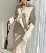 "Women's Two-Piece Knitted Dress Set: Elegant Autumn Winter Sweater Dress Suit with Long Sleeves and Button Detailing"