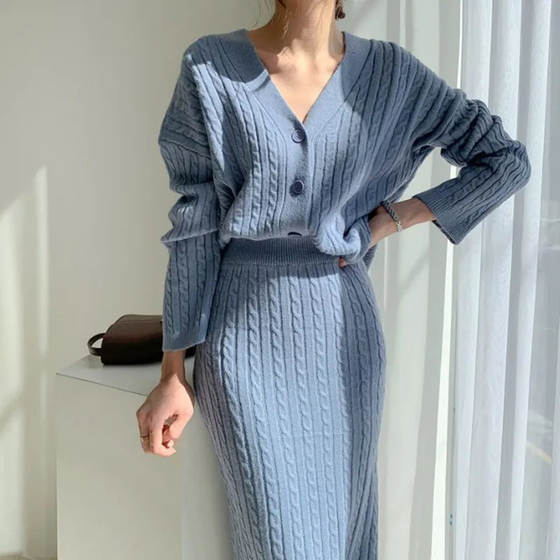 "Women's Two-Piece Knitted Dress Set: Elegant Autumn Winter Sweater Dress Suit with Long Sleeves and Button Detailing"