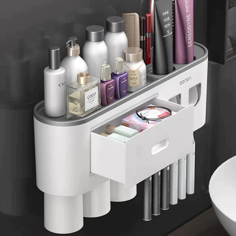 "Organize Your Bathroom with the Magnetic Adsorption Toothbrush Holder and Waterproof Storage Box - Includes Toothpaste Dispenser and Wall Mount - Perfect Bathroom Accessories for Easy and Stylish Storage!"