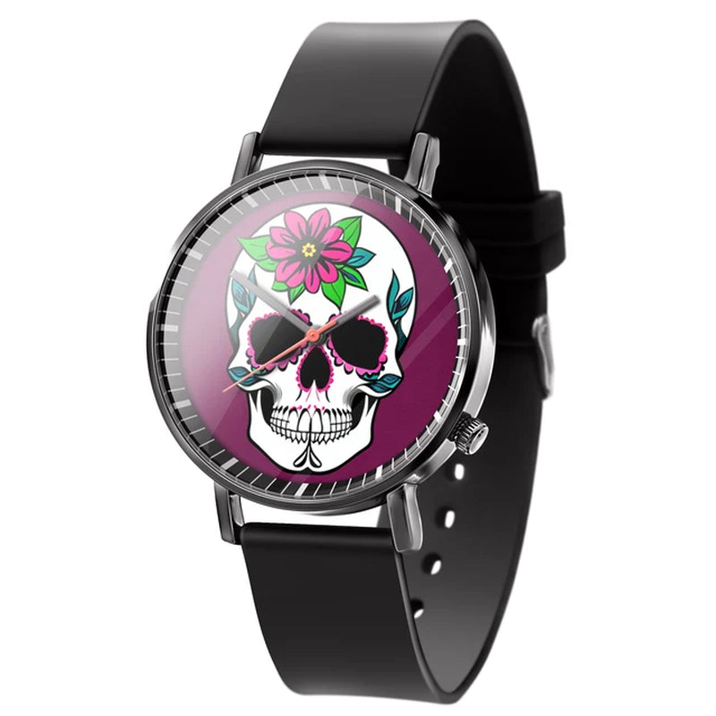 "Stylish Business Quartz Watch for Men - Trendy Black and White Floral Design with Skull Motif"