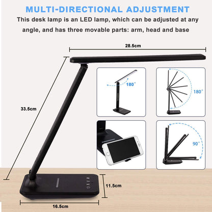 "Versatile LED Desk Lamp with Wireless Charging, Dimmable Light, USB Port, Clock, Calendar, and Thermometer - Ideal for Home and Office Use!"