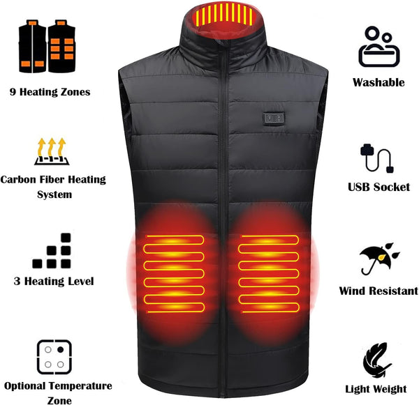 "Enhance Comfort and Warmth with the Men's Heated Vest - Customizable Heating Intensity, 9 Precise Heating Zones, and Convenient Cleaning Features!"