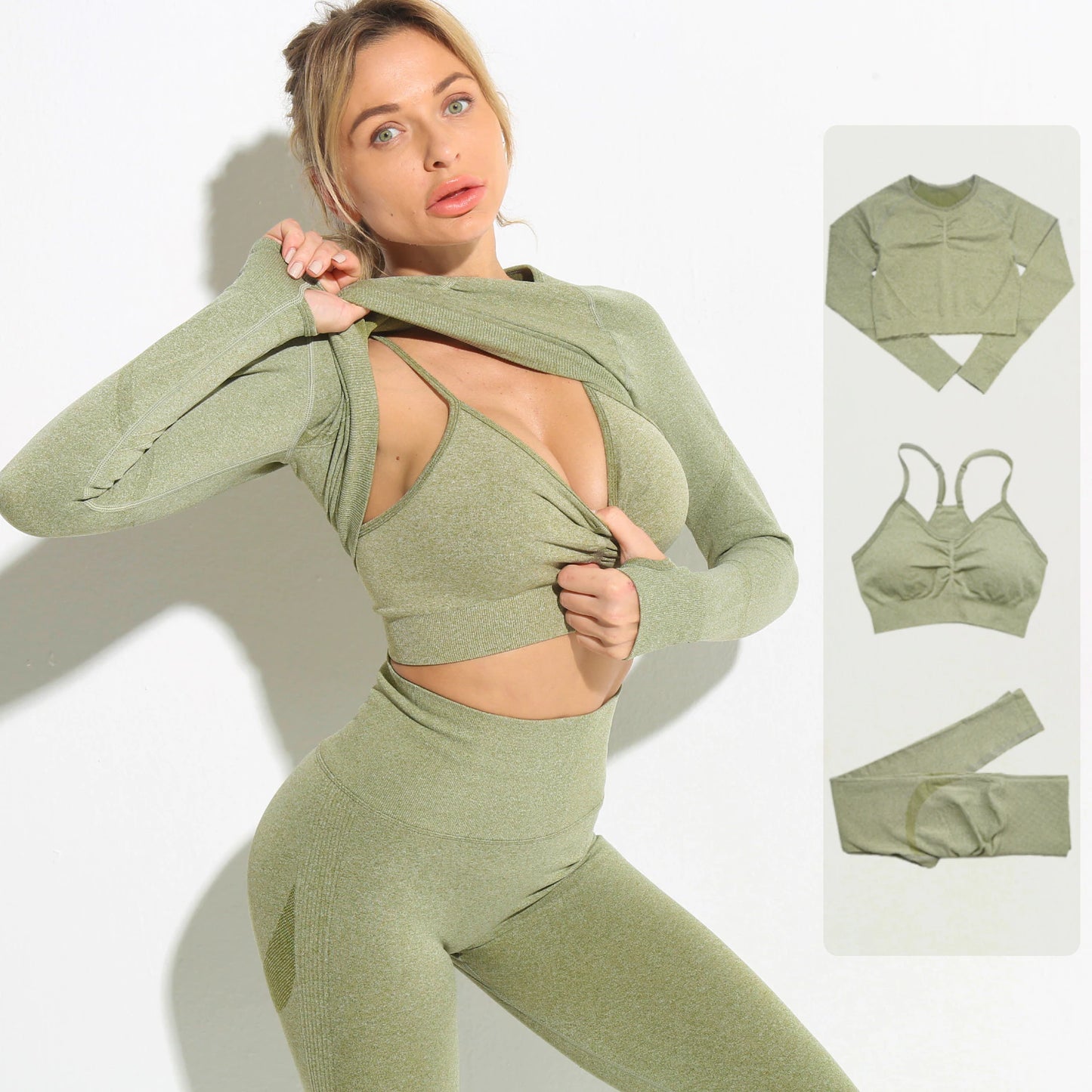 Professional Product Title: "Women's Seamless Yoga Set: High-Performance Workout Sportswear for Gym, Fitness, and Yoga - Long Sleeve Crop Top, High Waist Leggings, and Bra Sports Suits"