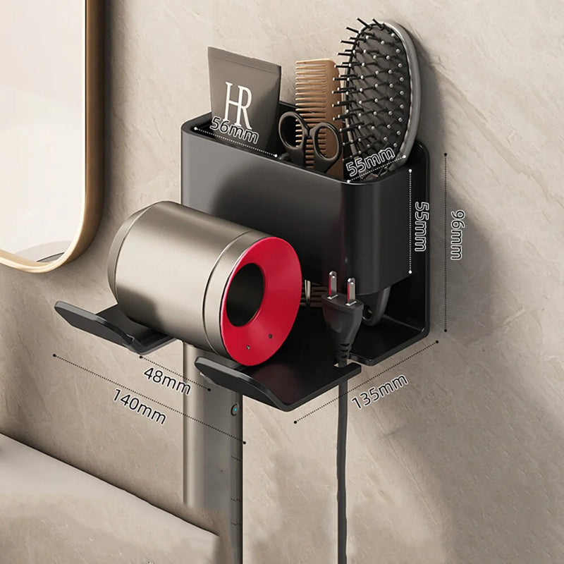 "Ultimate Hair Styling Station: Wall-Mounted Hair Dryer Holder and Organizer with Sleek Storage Box and Convenient Straightener Stand - For a Tidy and Stylish Bathroom Look"