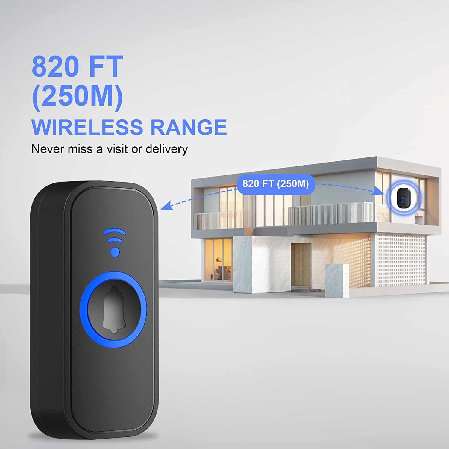 "Upgrade Your Home with the Ultimate Waterproof Wireless Doorbell - Extended 820 Feet Range, Secure Neck Hanging Rope, 38 Melodies, Vibrant LED Flash, and Adjustable Volume for Maximum Convenience!"