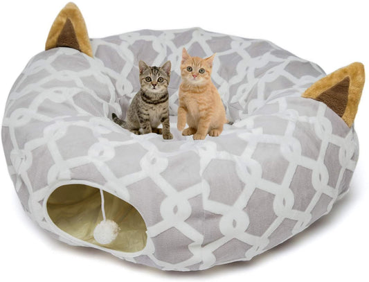 Professional Product Title: "Premium Cat Tunnel Bed with Plush Cover, Interactive Toy Balls, Comfortable Cushion, and Flexible Design - 10 Inch Diameter, 3 Ft Length - Ideal for Cats and Small Dogs, Gray Geometric Pattern"