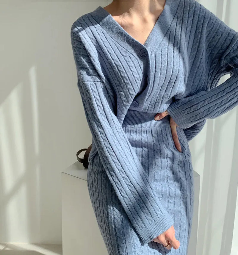 "Women's Two-Piece Knitted Dress Set: Elegant Autumn Winter Sweater Dress Suit with Long Sleeves and Button Detailing"