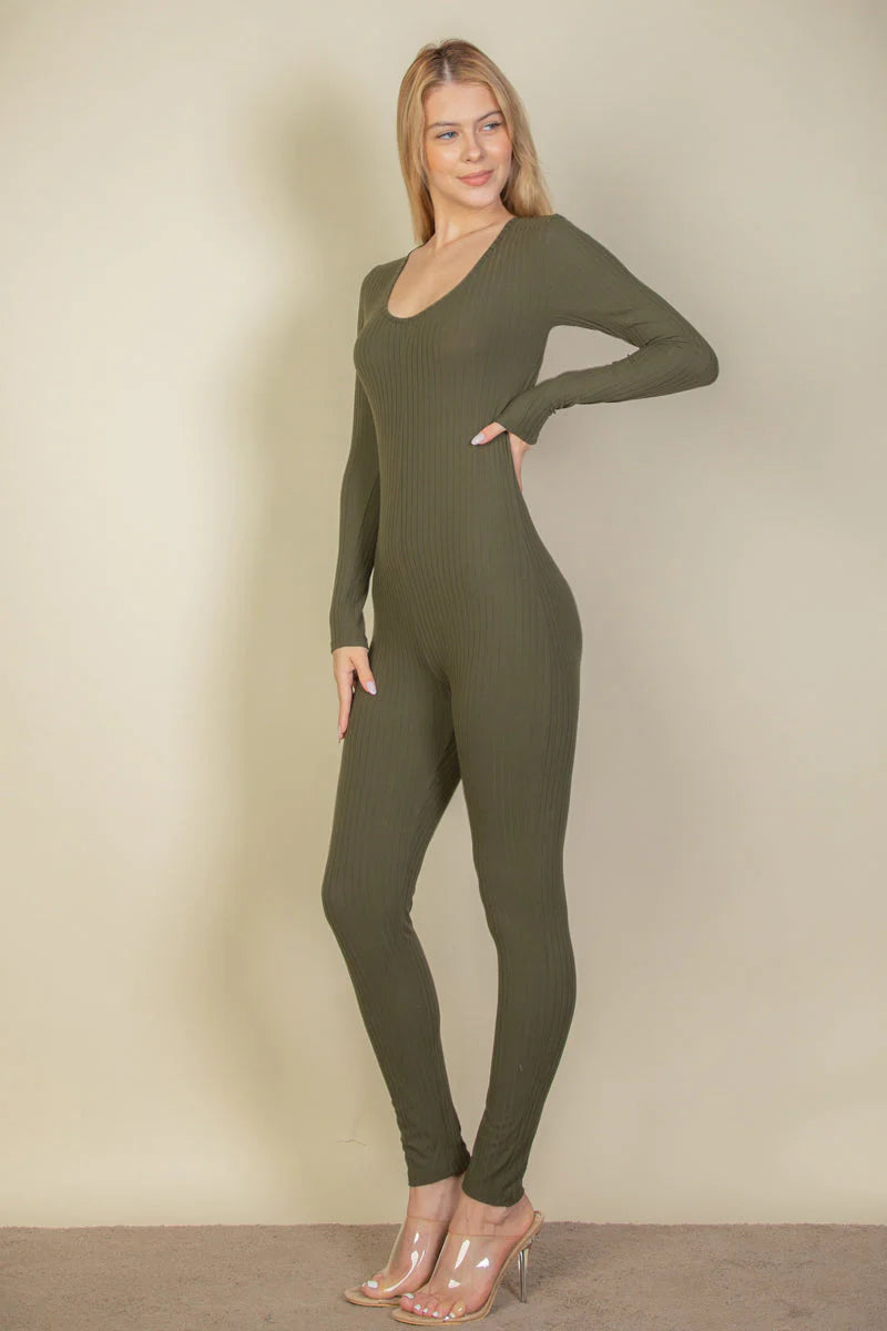 "Capella Ribbed Jumpsuit: The Ultimate Wardrobe Essential with Scoop Neck and Long Sleeves"