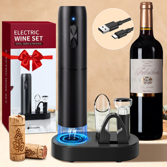 "The Indomitable Grape Gladiator: Electric Wine Opener Set, Ready to Harness the Corkscrewing Power of the Gods! Complete with Charging Base, Aerator Pourer, and an Epic Foil Cutter - Perfect for Raising the Roof at Kitchen Bar Parties!"