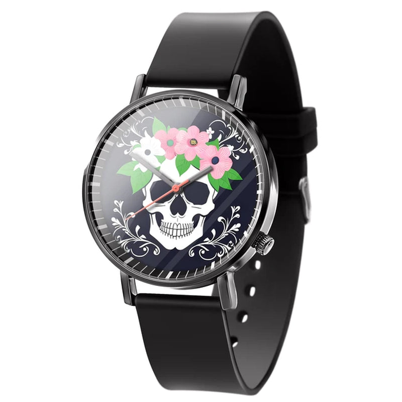 "Stylish Business Quartz Watch for Men - Trendy Black and White Floral Design with Skull Motif"