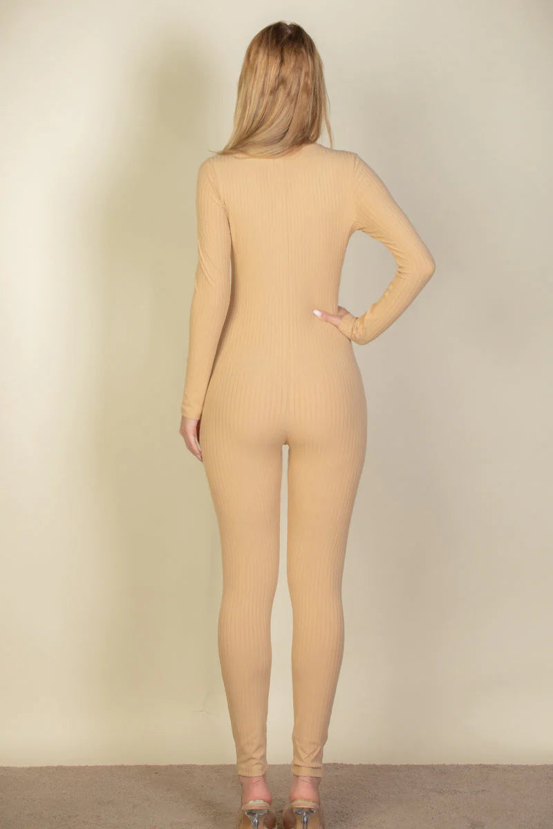 "Capella Ribbed Jumpsuit: The Ultimate Wardrobe Essential with Scoop Neck and Long Sleeves"