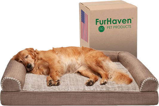 Professional Product Title: "Premium Orthopedic Dog Bed with Removable Bolsters and Washable Cover - Suitable for Large Dogs up to 95 lbs - Featuring Luxe Faux Fur and Performance Linen Sofa - Woodsmoke Color - Jumbo/XL Size"