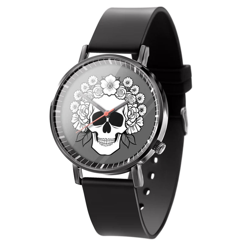 "Stylish Business Quartz Watch for Men - Trendy Black and White Floral Design with Skull Motif"