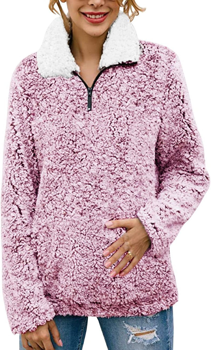 Women'S Long Sleeve 1/4 Zipper Pullover Sherpa Fleece Winter Oversized Outwear Sweatshirt Coat