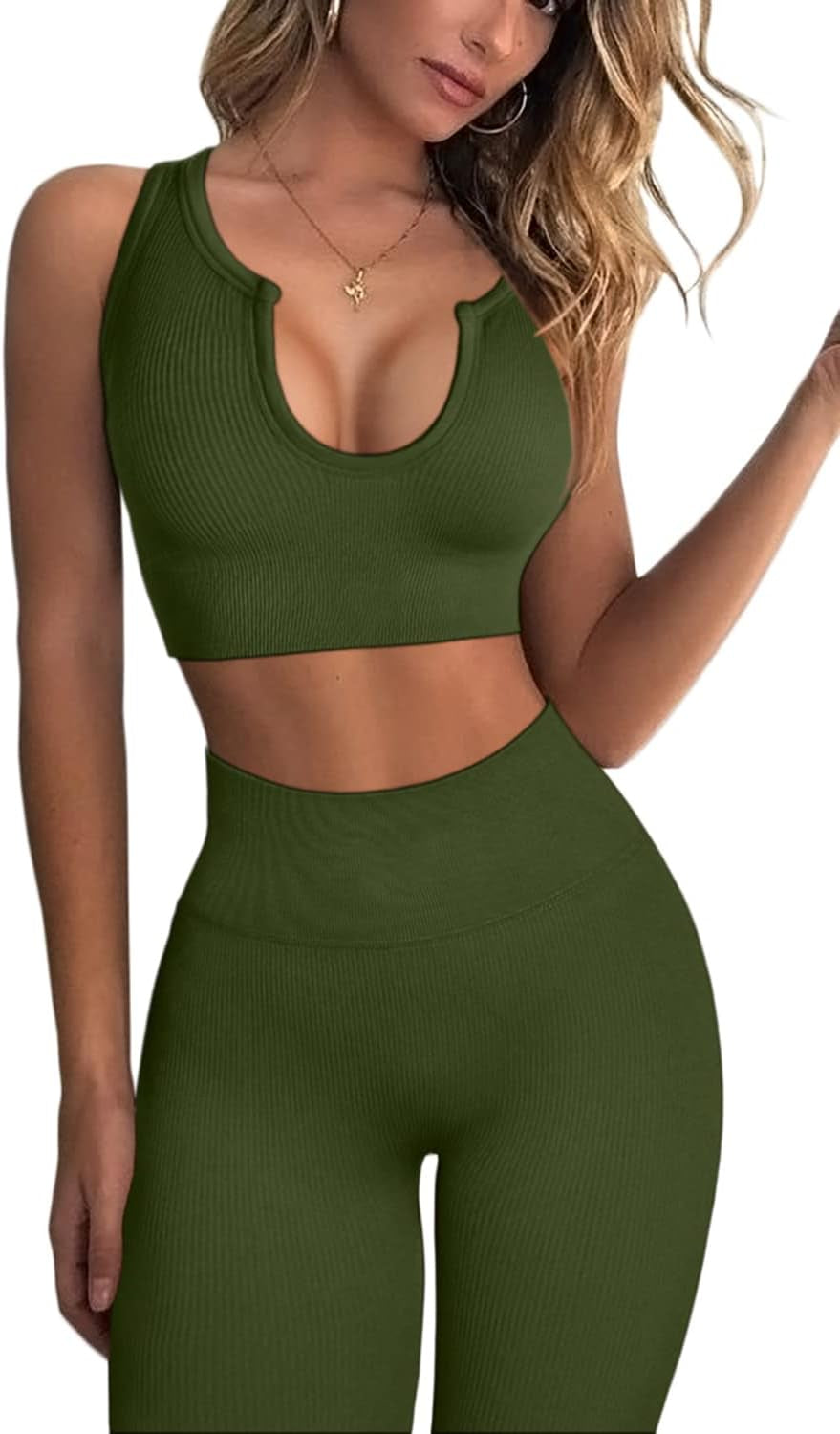 "Ultimate Gym Ready Set: Trendy Seamless Ribbed Crop Tank and High Waist Yoga Leggings for Women"