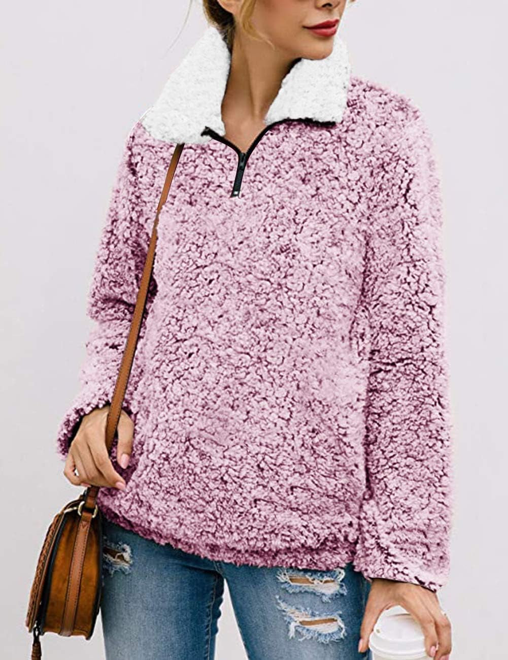 Women'S Long Sleeve 1/4 Zipper Pullover Sherpa Fleece Winter Oversized Outwear Sweatshirt Coat
