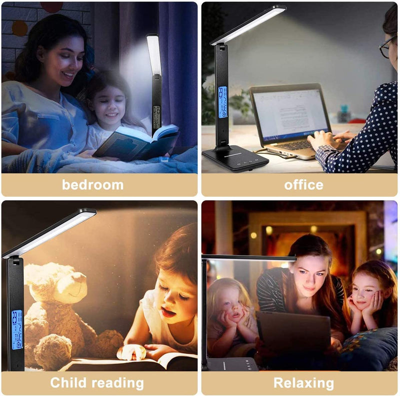 "Versatile LED Desk Lamp with Wireless Charging, Dimmable Light, USB Port, Clock, Calendar, and Thermometer - Ideal for Home and Office Use!"