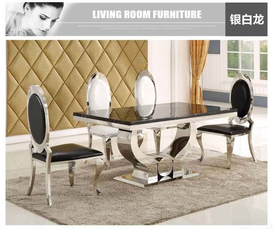 "Modern Minimalist Stainless Steel Dining Room Set with Marble Dining Table and 4 Chairs - Elegant Home Furniture for Dining Area"